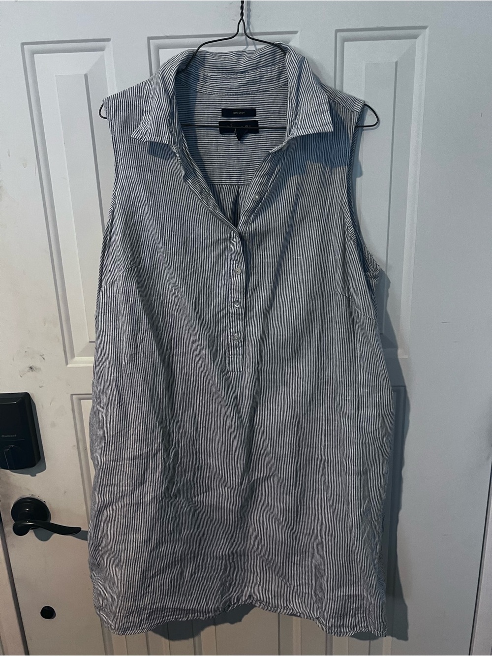 Tahari Blue and White Striped Sleeveless Collared Tunic